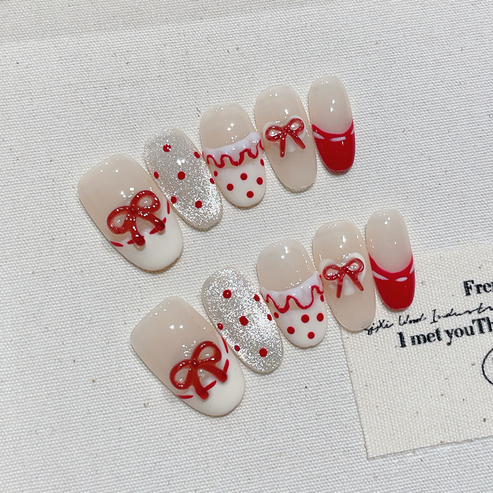 Nail Art Xs - ชุดเล็บปลอมแบบกดติด 10 ชิ้น รูปทรงวงรีสั้น ทำมือ สีขาว