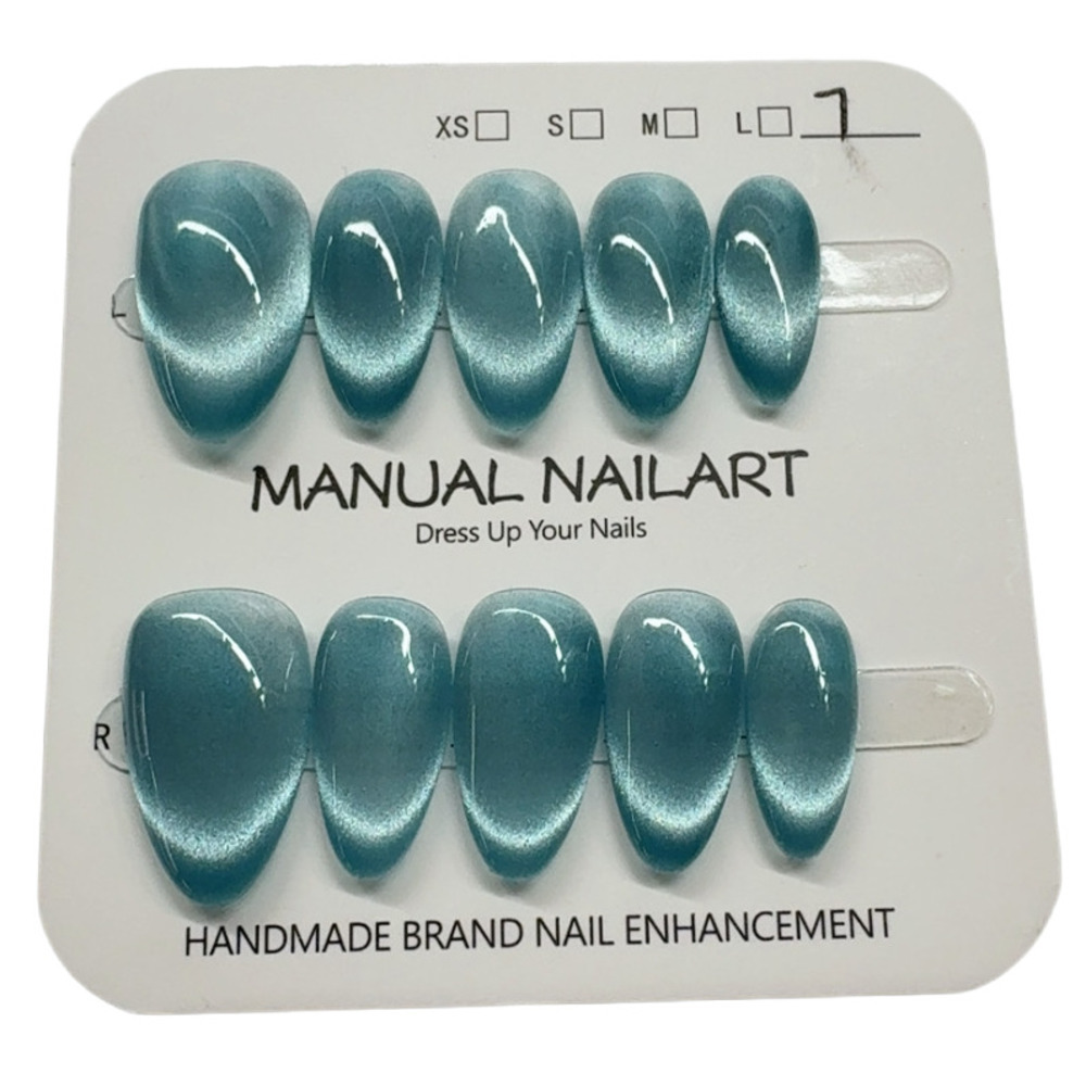 Nail Art Xs - เล็บปลอมแบบกดติด 10 ชิ้น รูปทรงอัลมอนด์ฝรั่งเศส คริสตัลตาแมว ประดับเจลวิบวับ