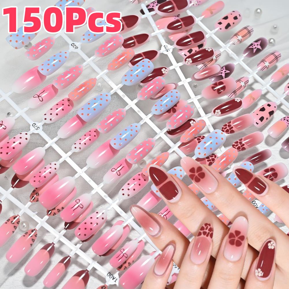 Nail Art Press On - เล็บปลอมลายเสือดาวสีชมพูฟ้าไล่เฉด 150 ชิ้น ลายจุด ลายตาราง โบว์