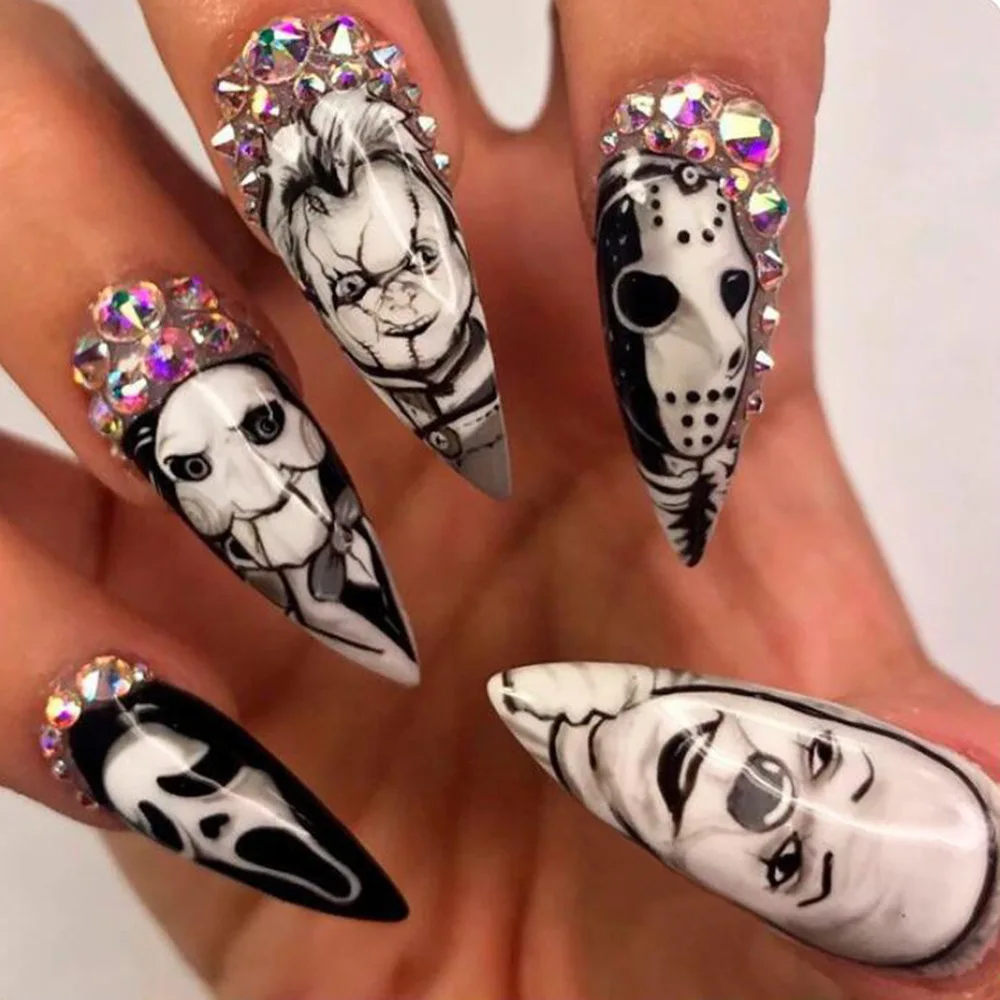 Nail Art Vampire - 24ชิ้นมันวาวยาวอัลมอนด์ฮาโลวีนกดบนเล็บปลอมสไตล์สยองขวัญสีดำและสีขาวพร้อมเล็บปลอมแบบใช้ซ้ำได้