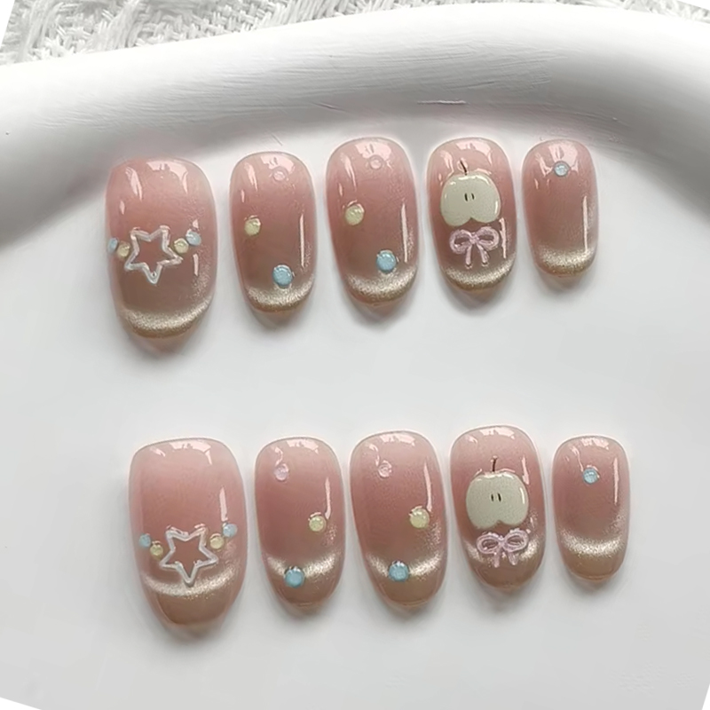 Nail Art Xs - เล็บปลอมลายดาวแอปเปิ้ล 10 ชิ้น สไตล์สาวพลังเต็มเปี่ยม พร้อมลายตาแมว แบบฝรั่งเศสทรงอัลมอนด์