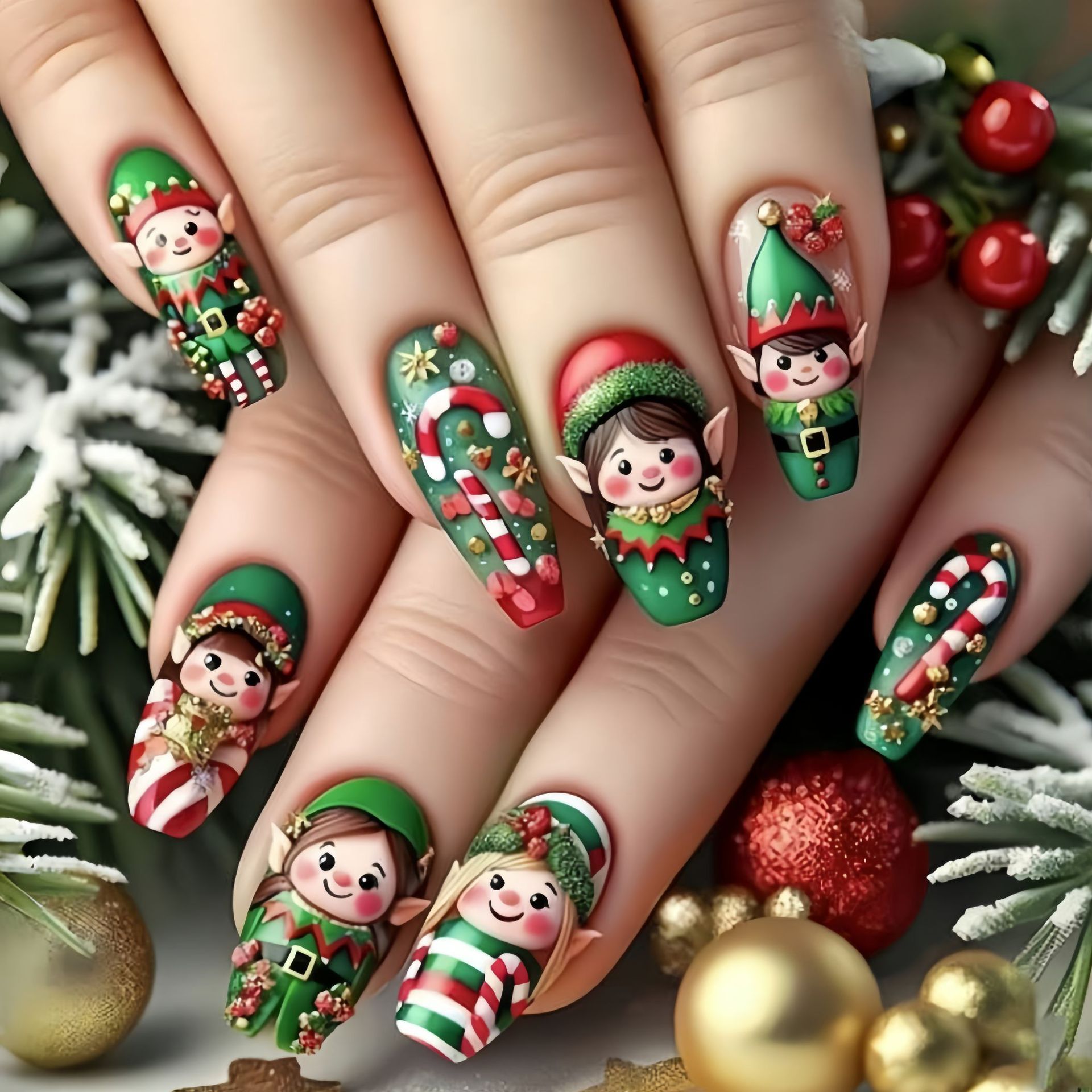 Nail Art Press On - เล็บปลอมขนาดกลางสำหรับงานปาร์ตี้คริสต์มาส ลายเกล็ดหิมะ ต้นคริสต์มาส ซานตาคลอส เอลฟ์ อลซ์มอนด์