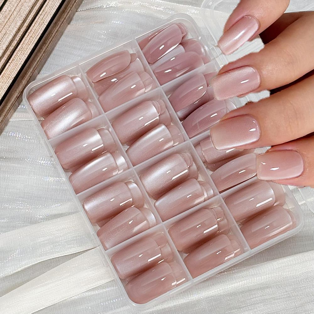 Nail Art Xs - เล็บปลอมแบบกดติด 144 ชิ้น สีชมพูนู้ดเงา ลายตาแมว ทรงเหลี่ยมมน