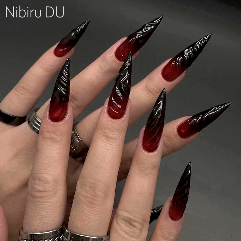 Nail Art Vampire - 24 ชิ้นฮาโลวีนเลือดกดบนเล็บชุดยาวโลงศพเคลือบเงาเล็บอะคริลิคเคล็ดลับเต็มรูปแบบ Ballerina เล็บปลอมสําหรับสตรีและเด็กผู้หญิง