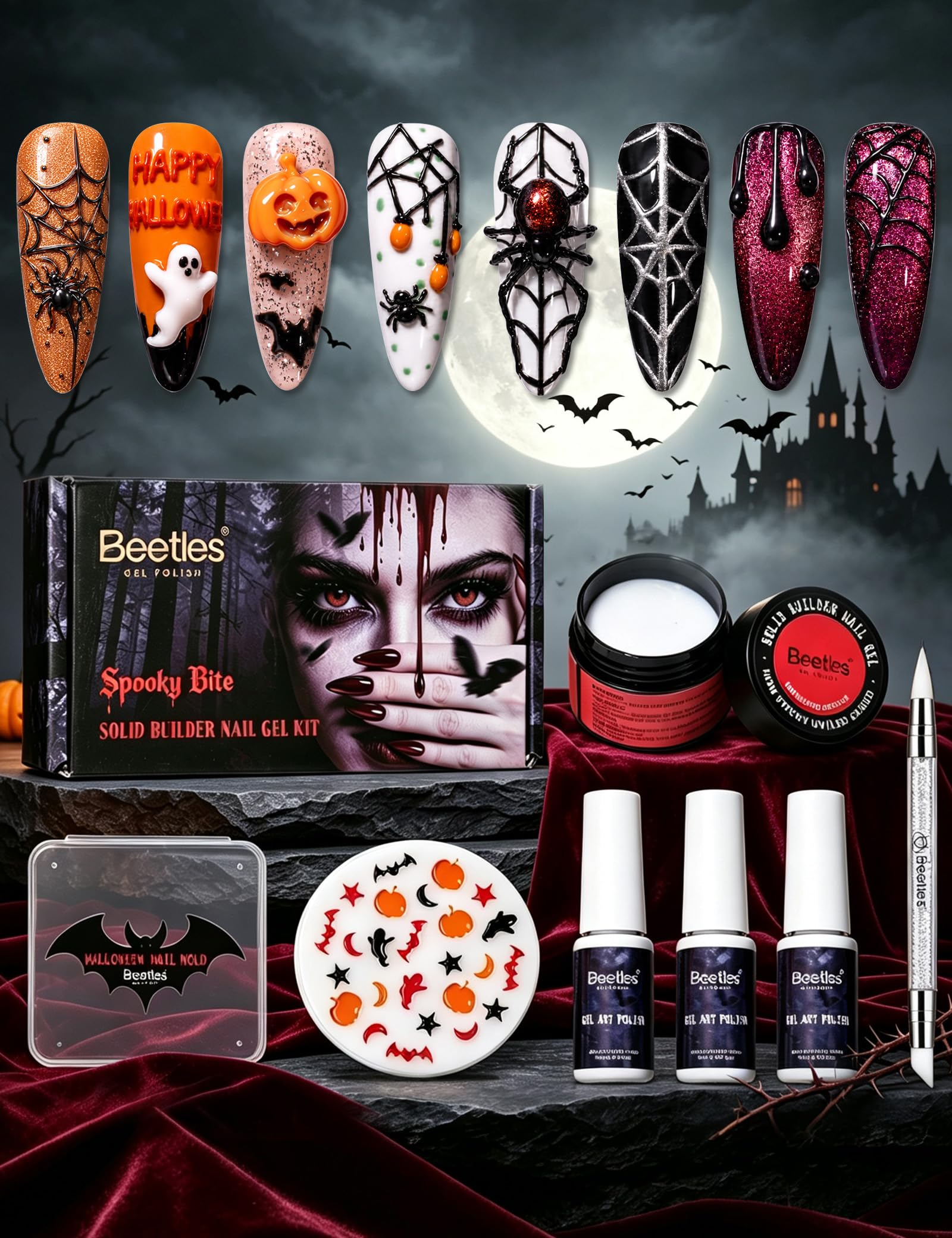 Nail Art Vampire - บีเทิลส์ เจลทาเล็บ 3D สีขาวลายกัดสุดหลอน พร้อมแม่พิมพ์เล็บ 3D