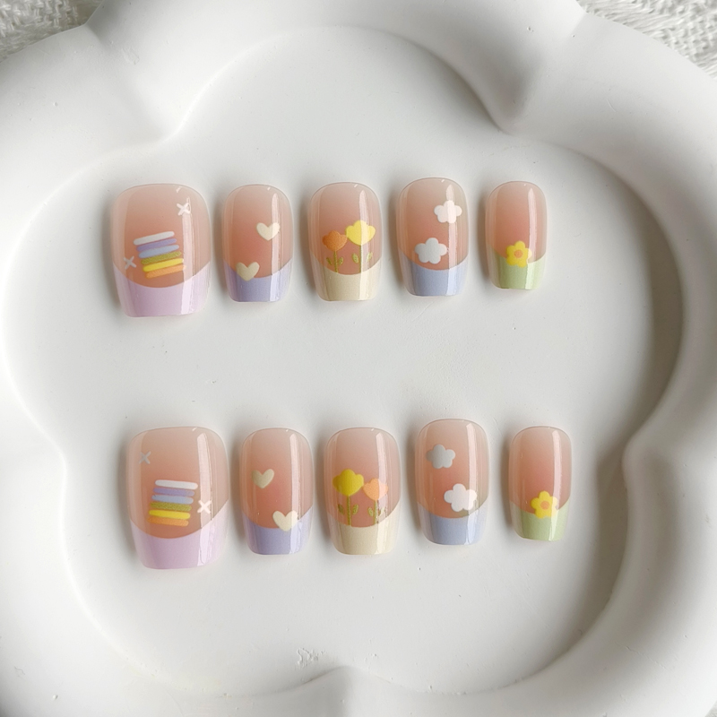 Nail Art Xs - สติ๊กเกอร์ติดเล็บปลอมลายเฟรนช์แมนิคิวร์สไตล์หวานสดใสแบบโดพามีน 10 ชิ้น สำหรับผู้หญิง