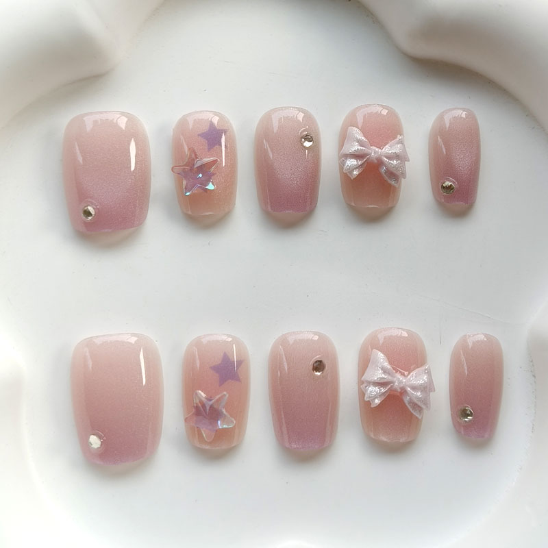 Nail Art Xs - เล็บปลอมแฟชั่นน่ารักสำหรับวัยรุ่นหญิง สีชมพูม่วง ประดับโบว์น่ารัก ลายดาว 3 มิติ