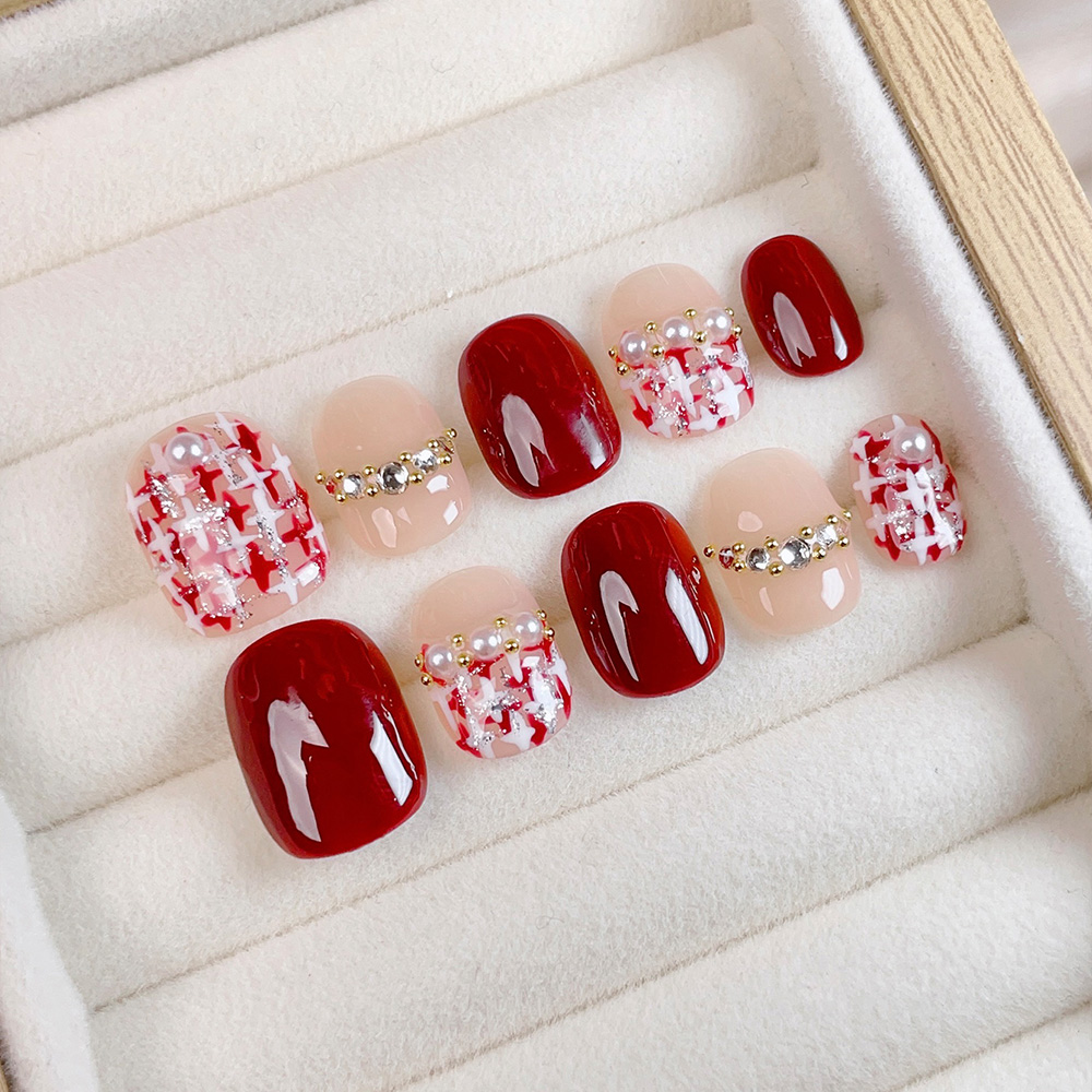 Nail Art Xs - ชุดเล็บปลอมแบบกดติด 10 ชิ้น ทรงสี่เหลี่ยมมน ทำมือ สีแดงไวน์