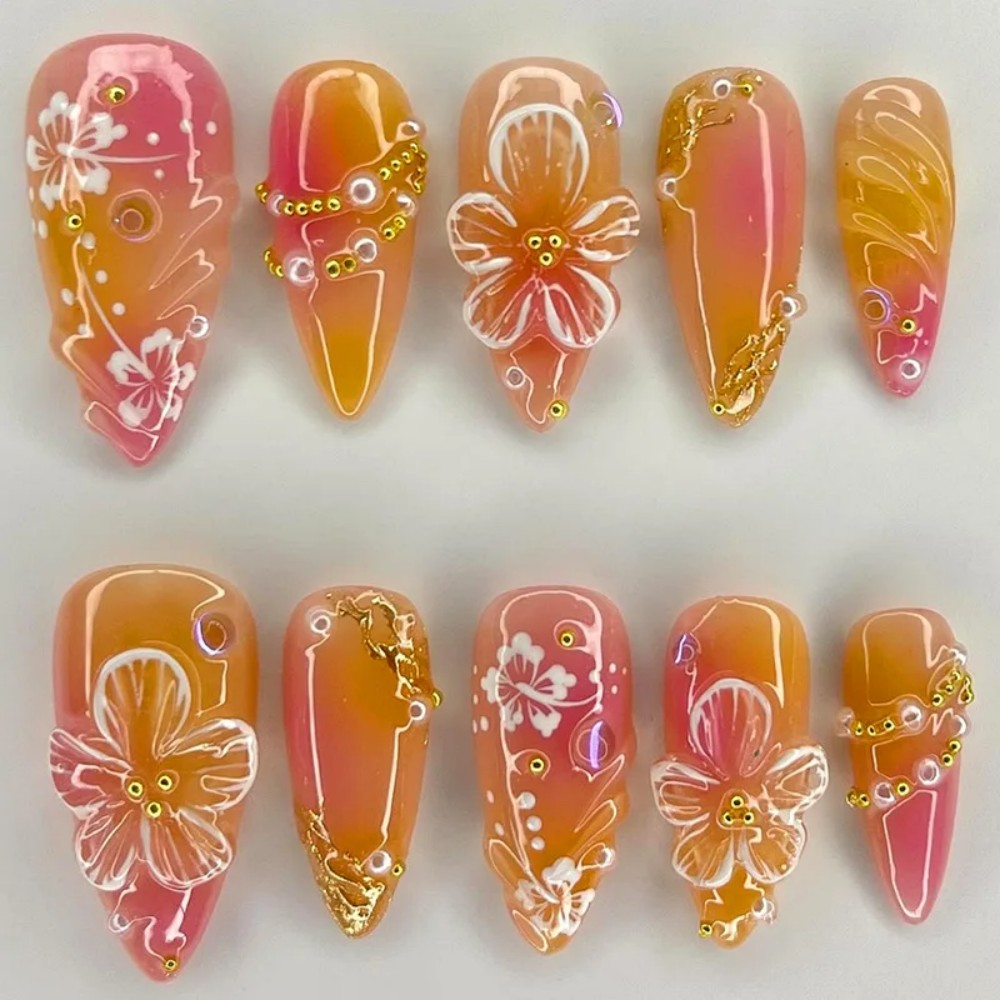 เล็บปลอมสีชมพูไล่เฉดแบบอัลมอนด - Nail Art Press On บทวิจารณ์และราคา