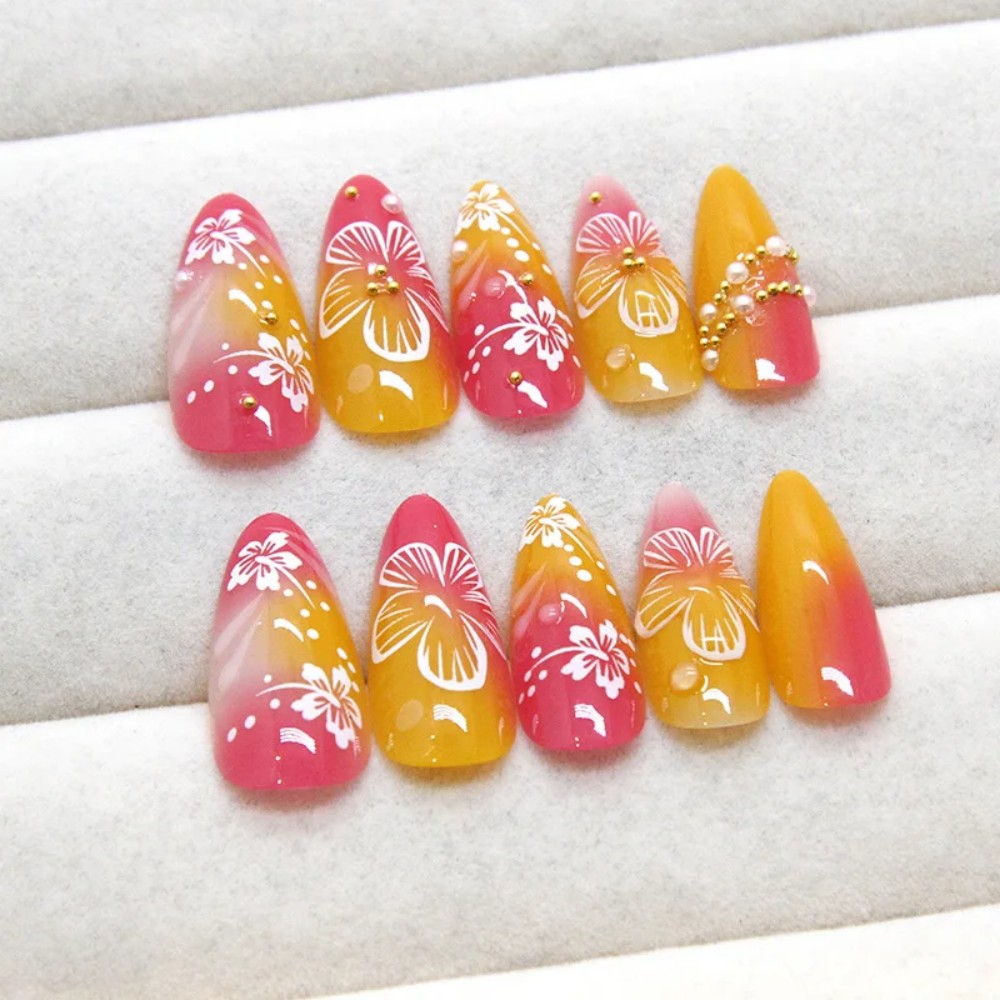 เล็บปลอมสีชมพูไล่เฉดแบบอัลมอนด - Nail Art Press On บทวิจารณ์และราคา