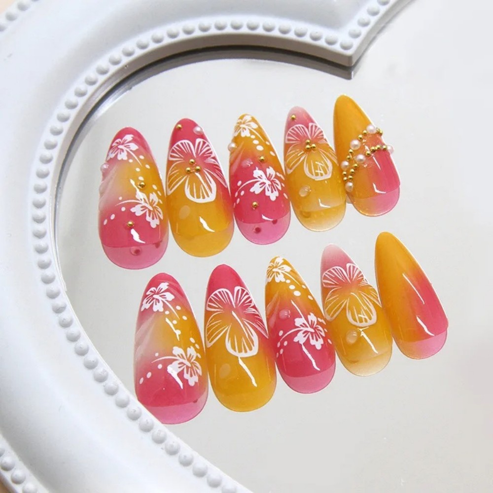 เล็บปลอมสีชมพูไล่เฉดแบบอัลมอนด - Nail Art Press On บทวิจารณ์และราคา