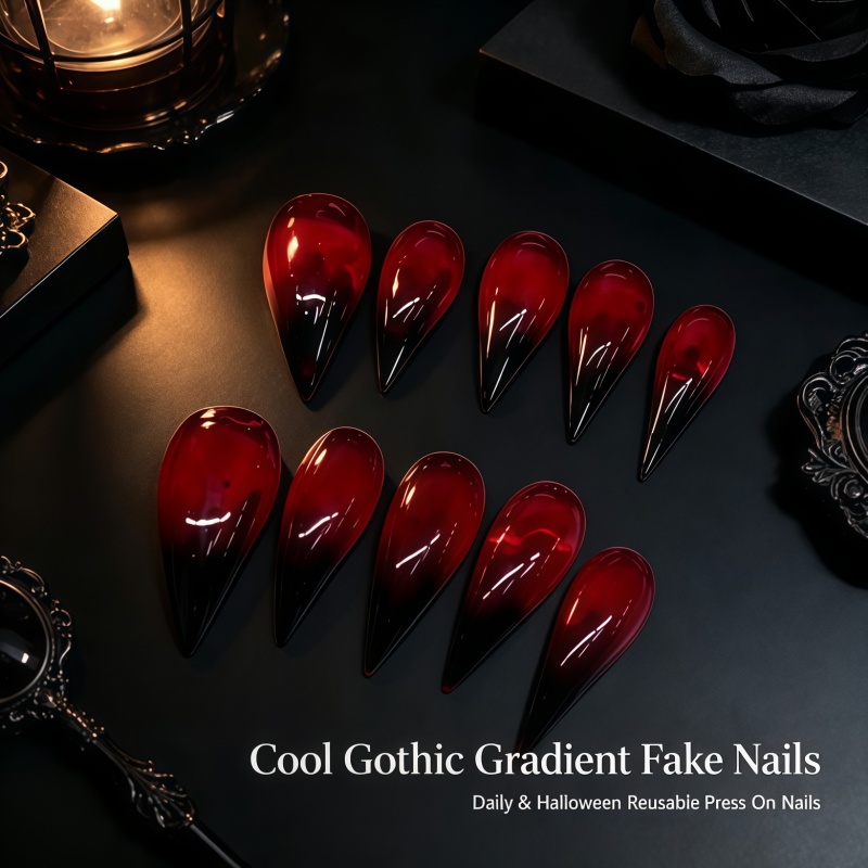 2026ใหม่! เล็บปลอมสีแดงและดำแบ - Nail Art Vampire บทวิจารณ์และราคา