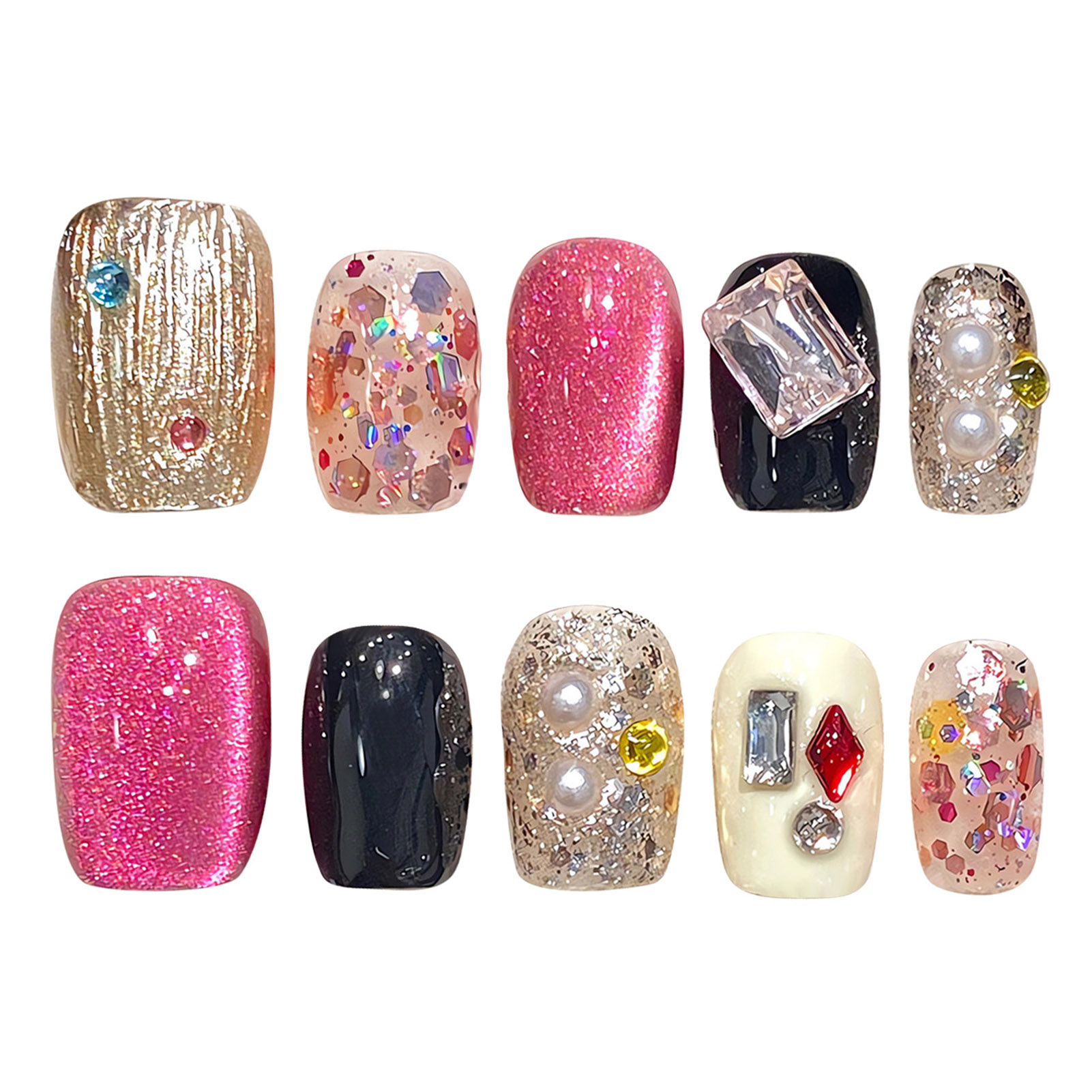 เล็บปลอมสีชมพูแวววาวแบบทำด้วยม - Nail Art Press On บทวิจารณ์และราคา